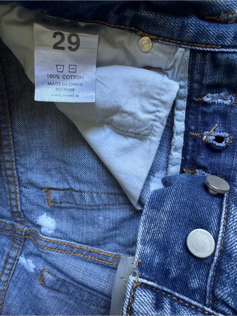 MNML Blue Distressed Button-Fly Skinny Jeans (29) - Picture 5 of 6
